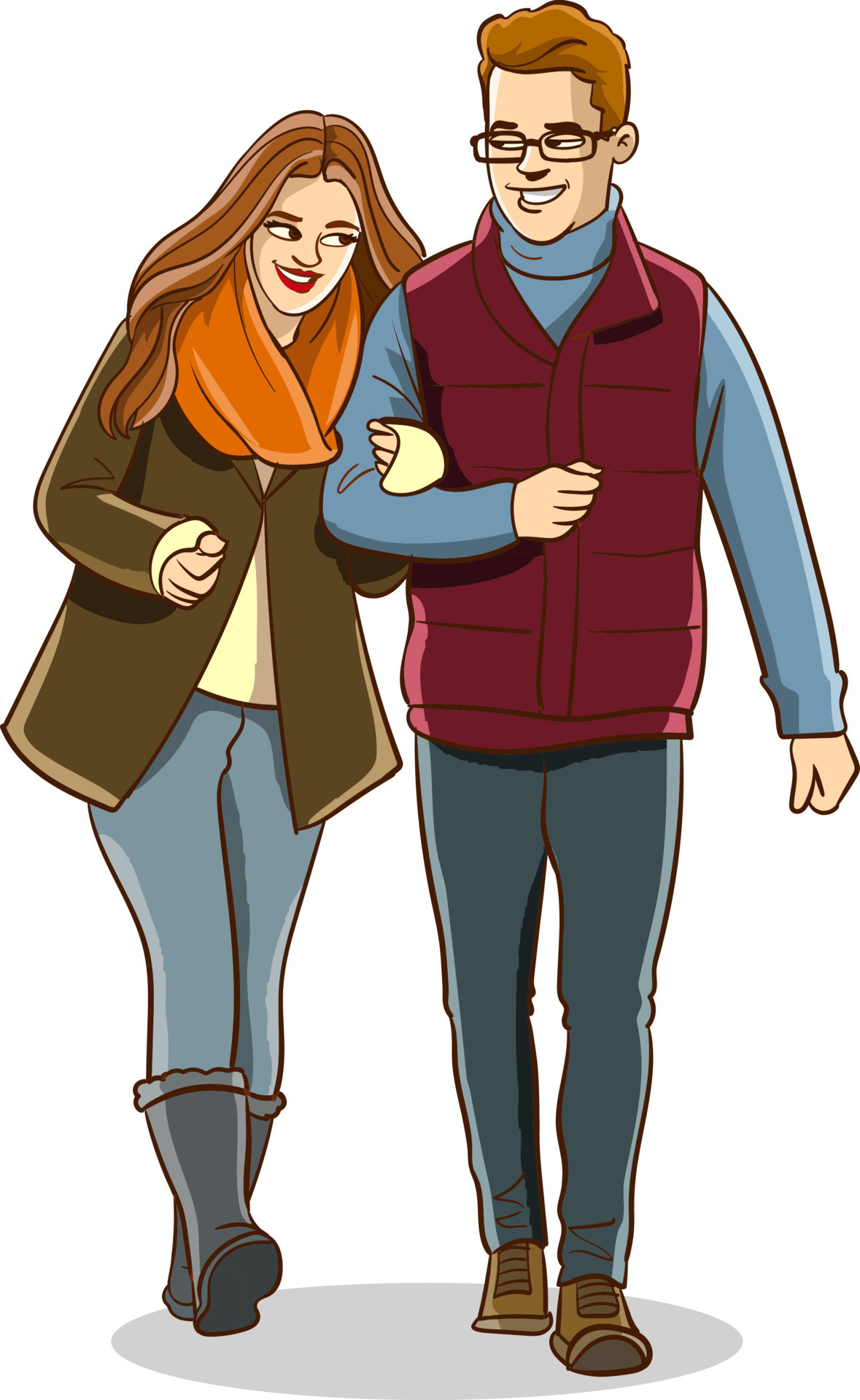 happy cute couple walking arm in arm cartoon vector 21488920 Vector Art