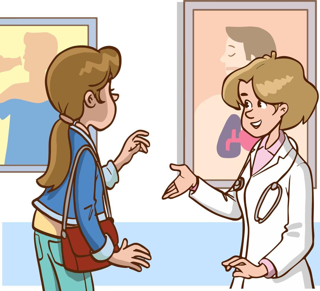 female doctor talking to her patient cartoon vector