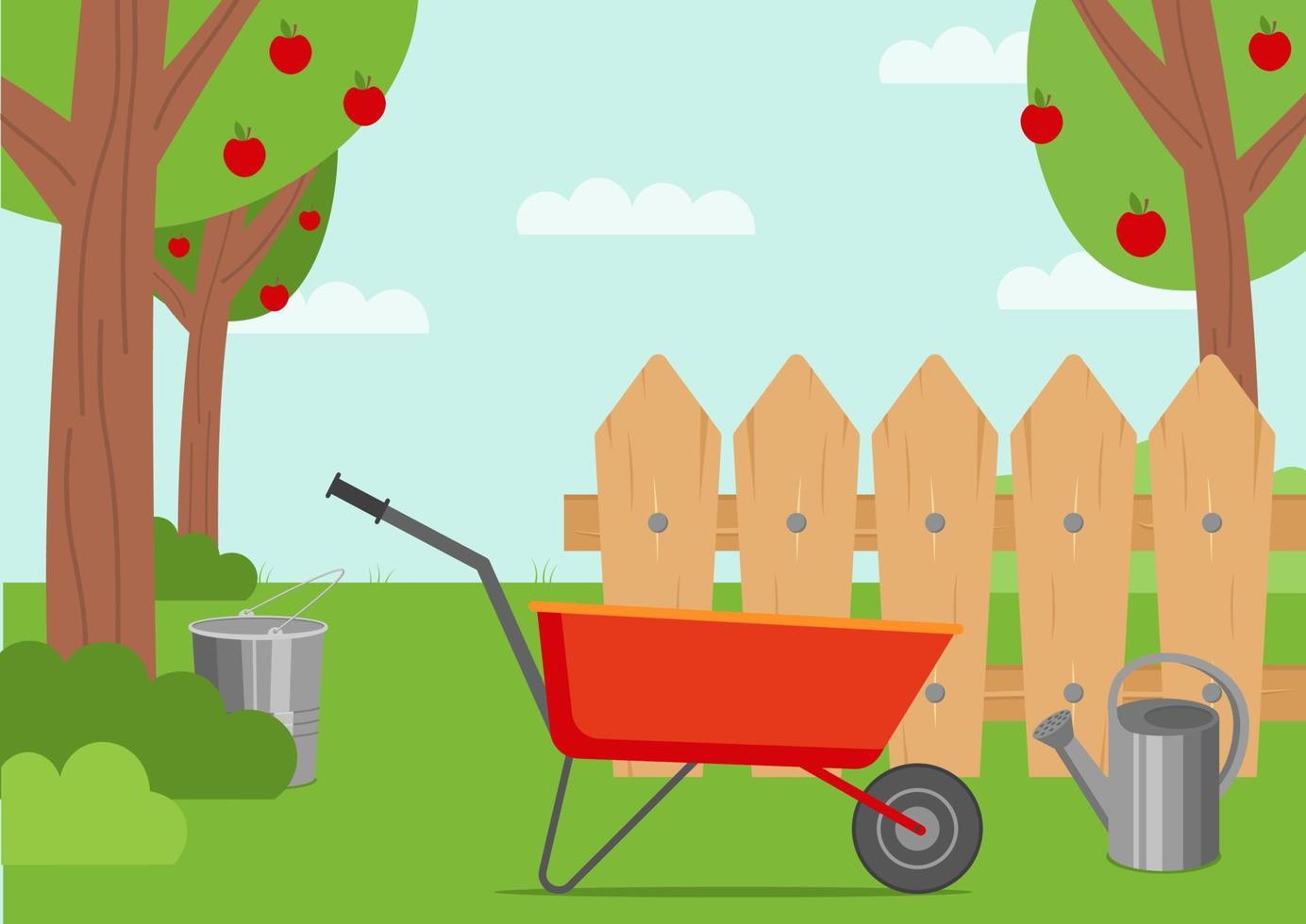 Gardening. Wheelbarrow, Trees, Bucket, Water Can, Fence. Work In Garden Concept. Flat Style Vector