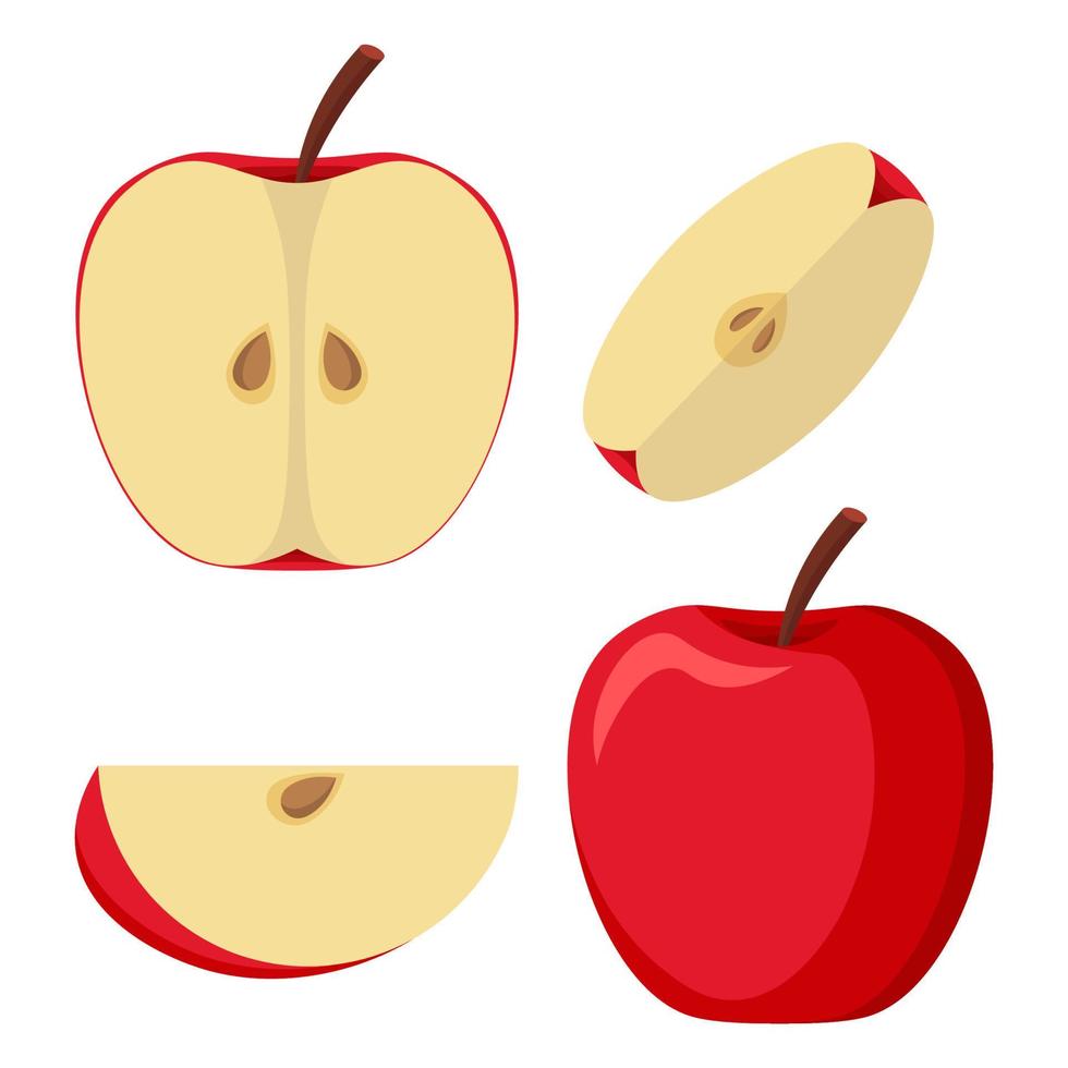 Half An Apple, Slice, Top View, Side View. Colorful Tasty And Juicy Flat Style Vector Illustration