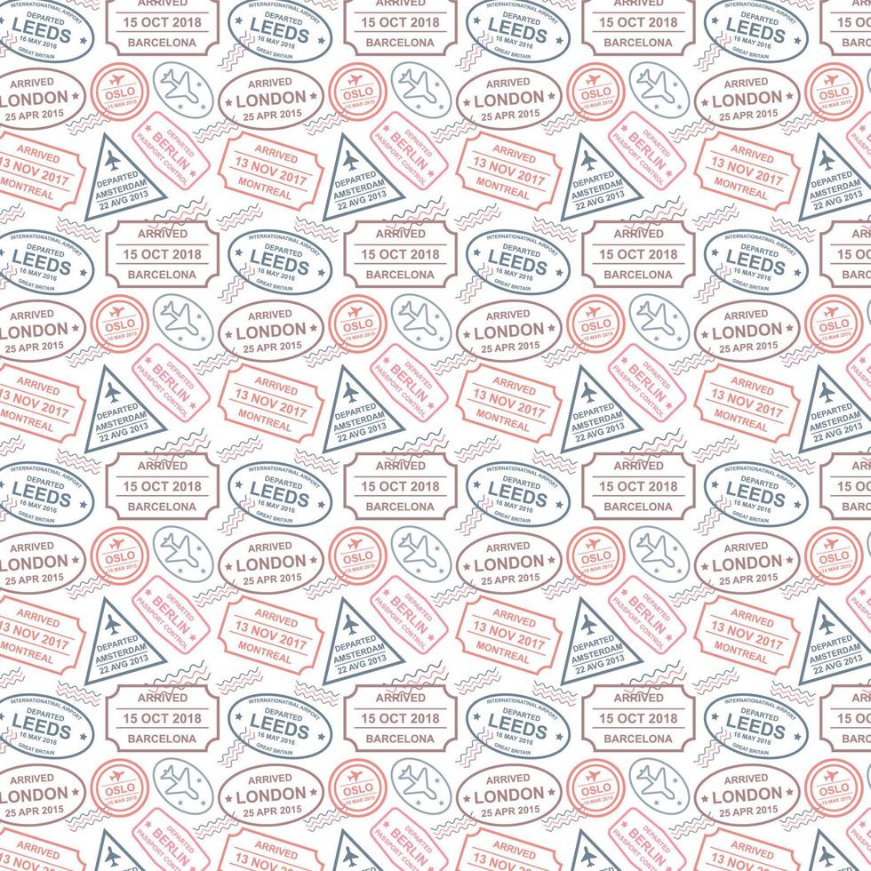 Travel Pattern With Different Countries And Cities Colorful Stamps. Flat Style Vector Illustration