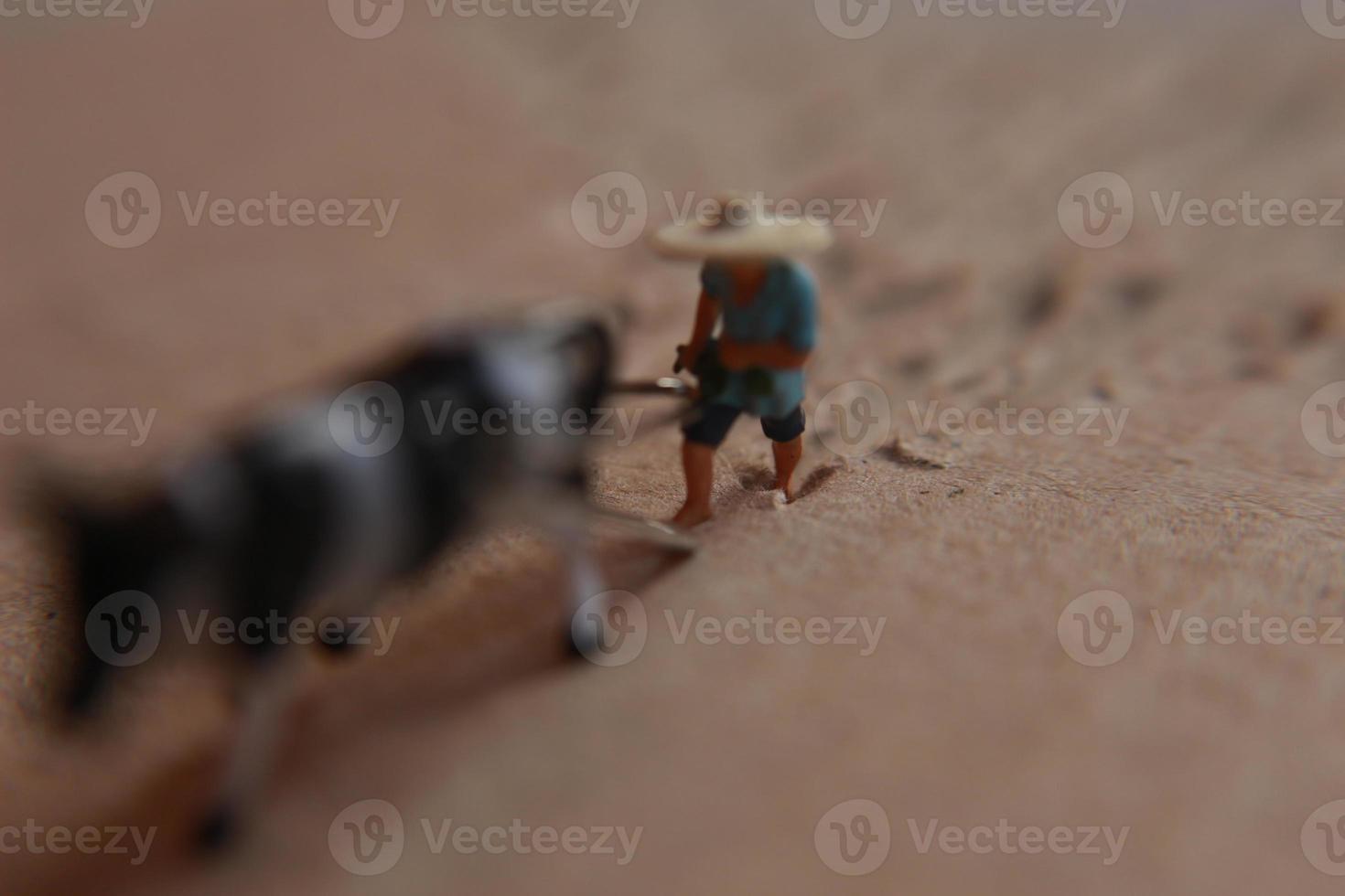 miniature figure of a farmer plowing a field with his cow on a cardboard. photo