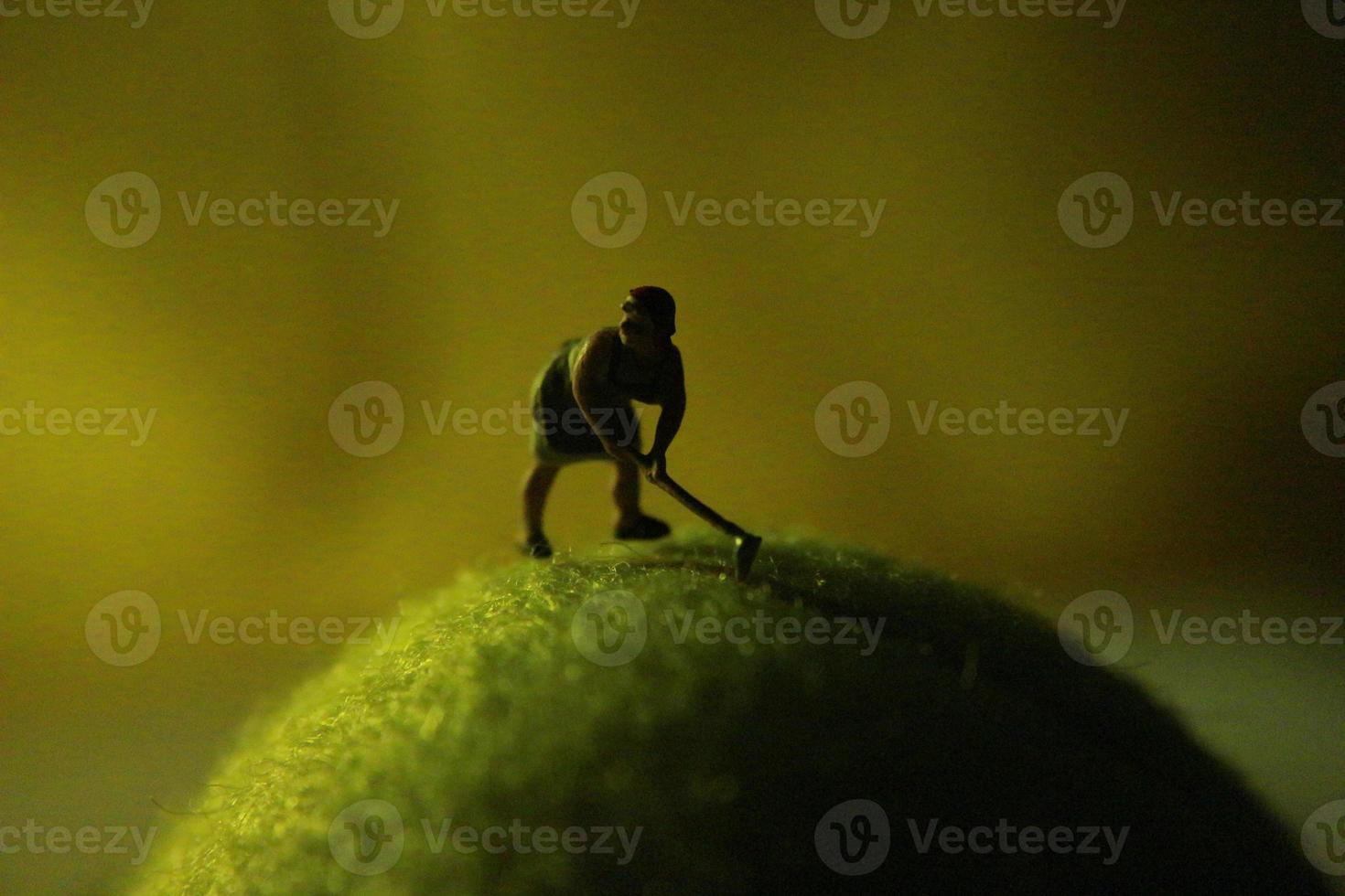 miniature figure of a female farmer working the land with a sunrise background. photo