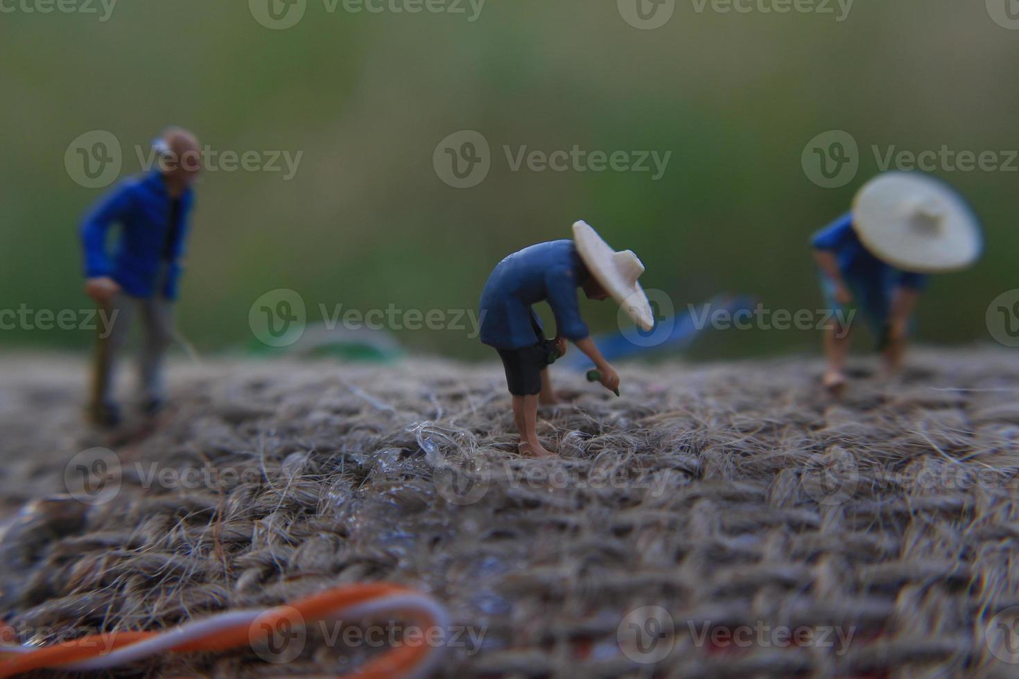 photo of a miniature figure with the concept of a farmer farming on a burlap sack