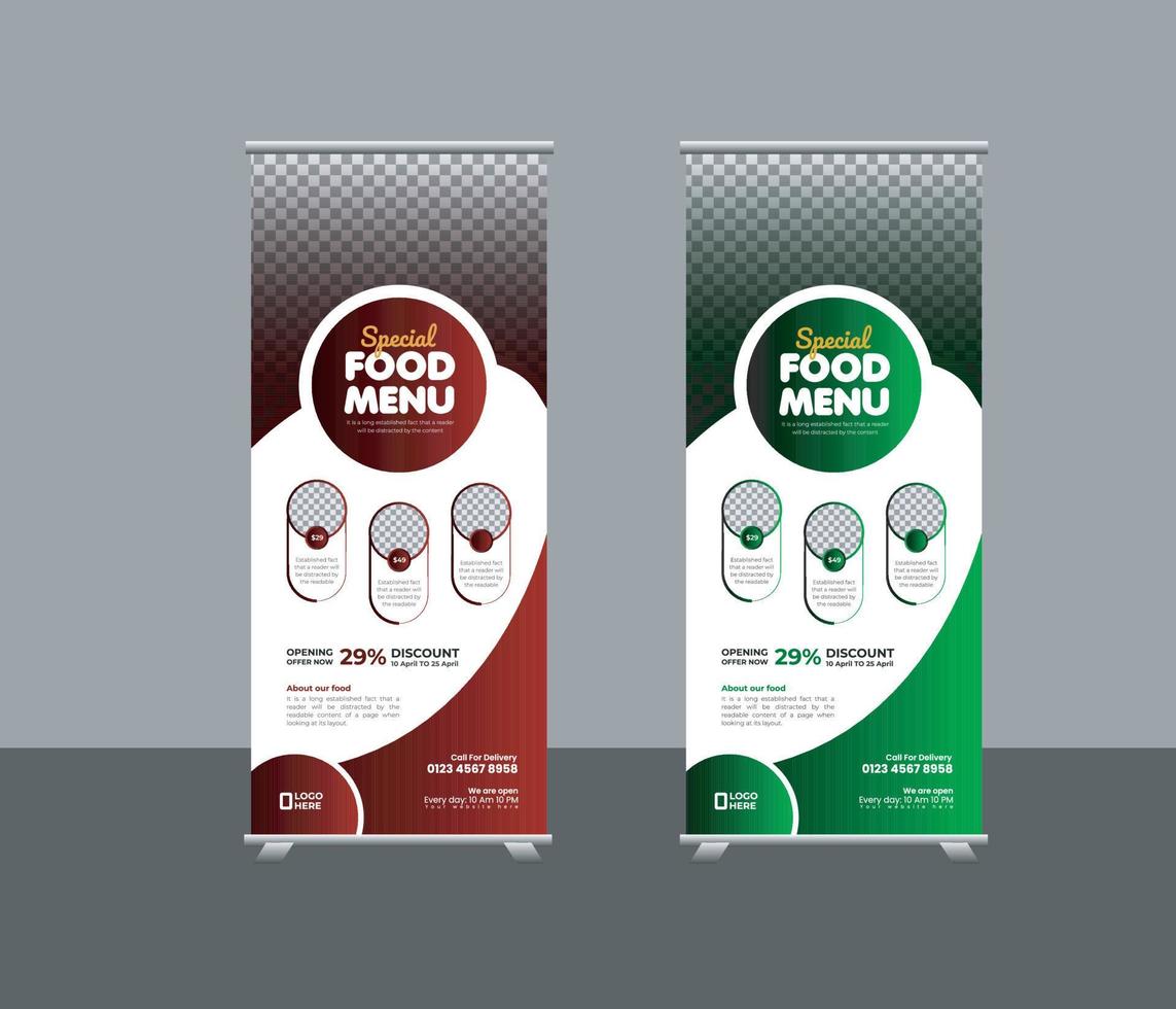 Food menu restaurant business rollup, standee banner template or creative food promotion rollup banner vector layout, two colors pull up the presentation, exhibition banner, vector rollup mockup