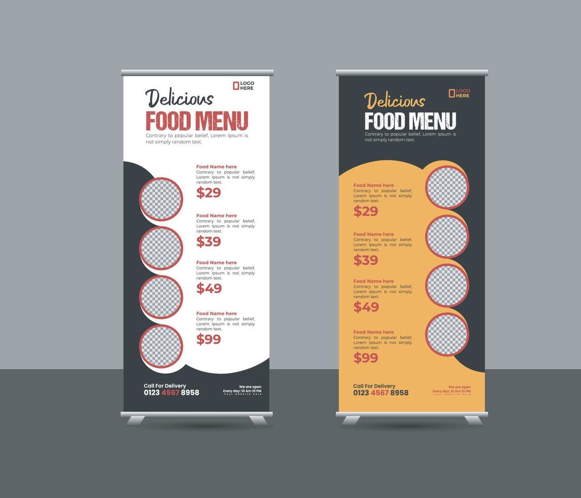 Food menu restaurant business rollup, standee banner template or creative food promotion rollup banner vector layout, two colors pull up the presentation, exhibition banner