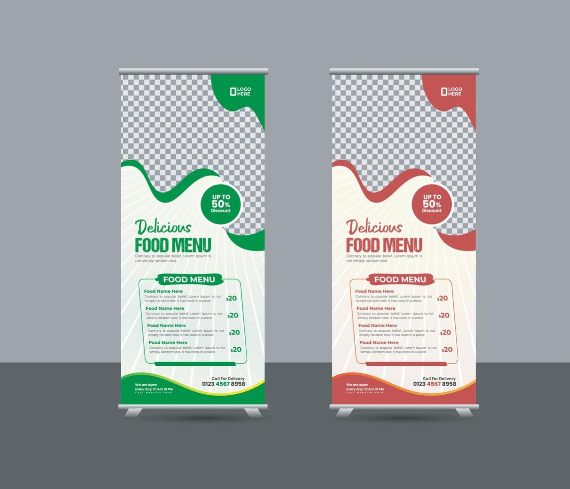 Food menu restaurant business rollup, standee banner template or creative food promotion rollup banner vector layout, two colors pull up the presentation, exhibition banner, vector rollup mockup