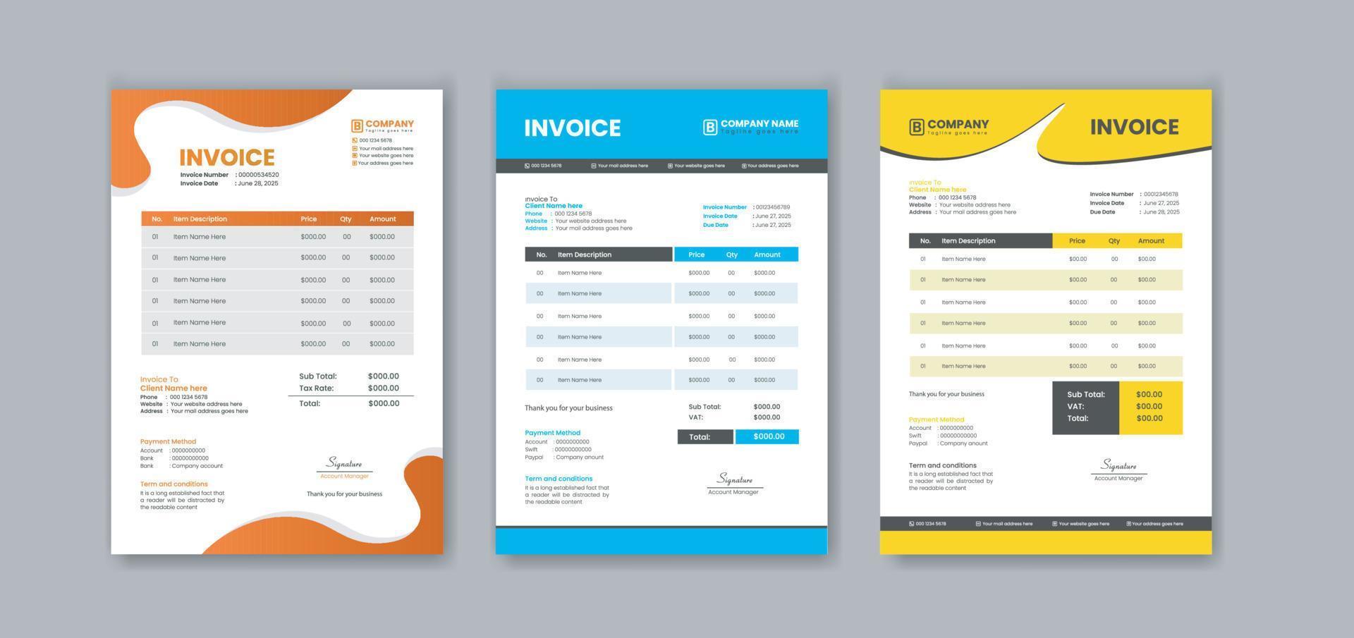 Business invoice template and Minimal invoice template with color variation  bundle vector design  or business letterhead design