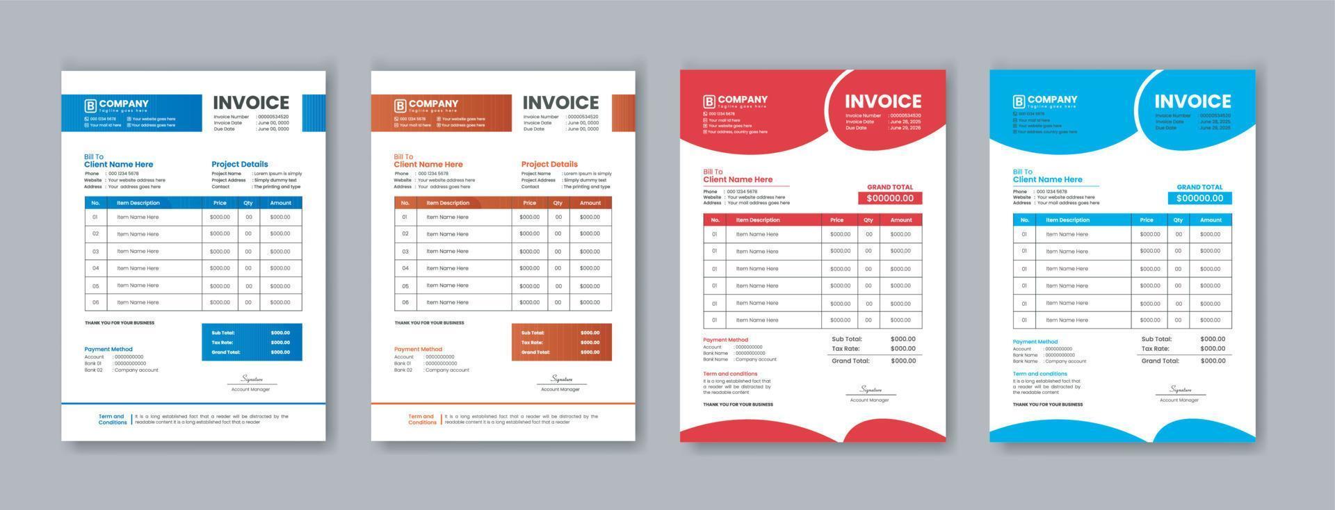 Business invoice template and Minimal invoice template with color variation  bundle vector design  or business letterhead design