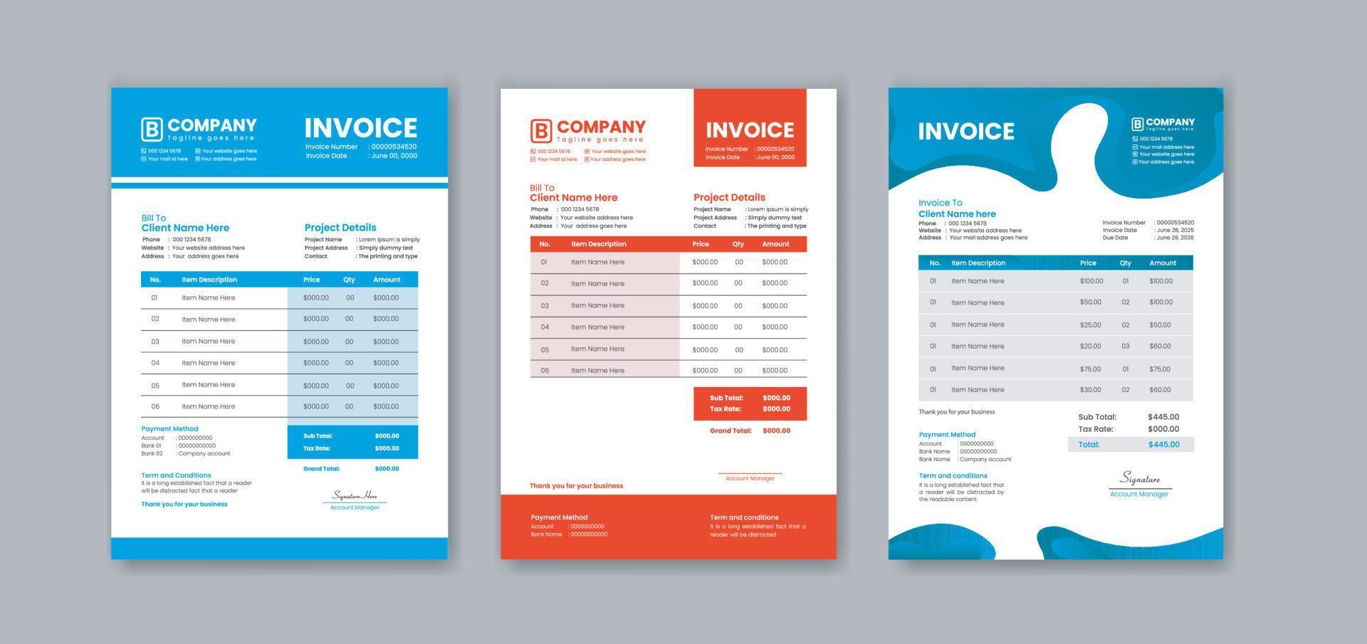 Business invoice template and Minimal invoice template with color variation  bundle vector design  or business letterhead design