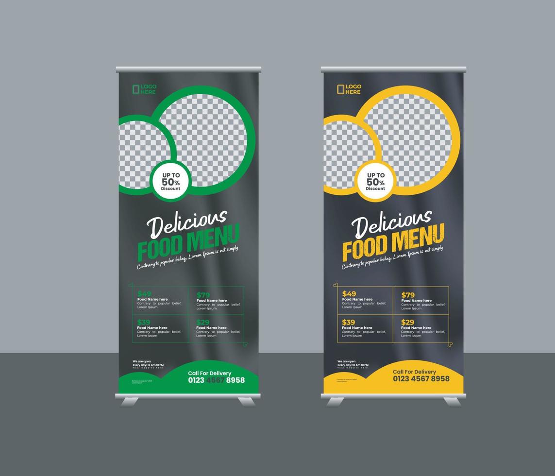 Food menu restaurant business rollup, standee banner template or creative food promotion rollup banner vector layout, two colors pull up the presentation, exhibition banner