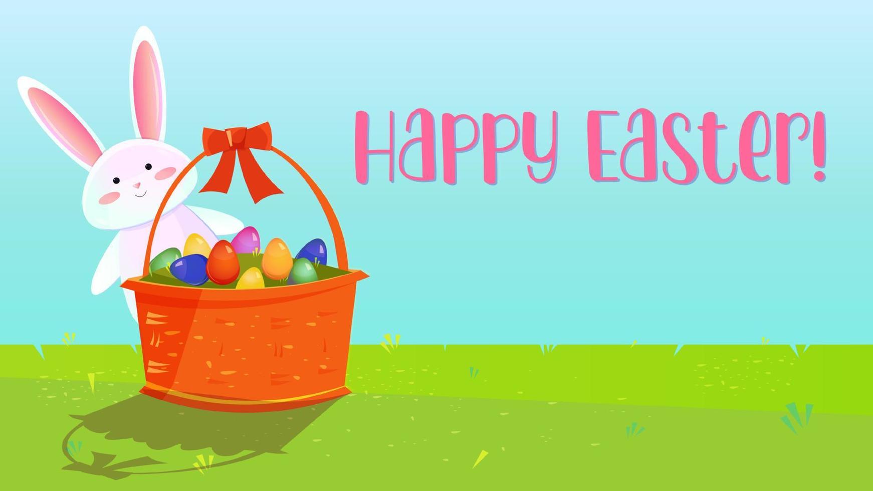 Easter web banner with white bunny standing behind a basket with decorated eggs. Green grass and blue sky around. Cartoon style vector. vector