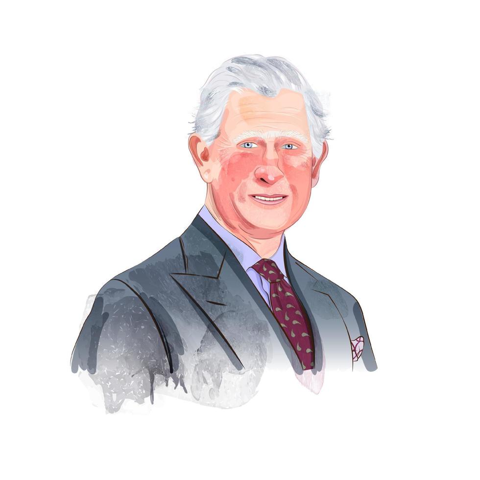 Charles III King of the United Kingdom watercolour vector portrait. London, United Kingdom, 01 March 2023, Prince of Wales wearing grey costume.