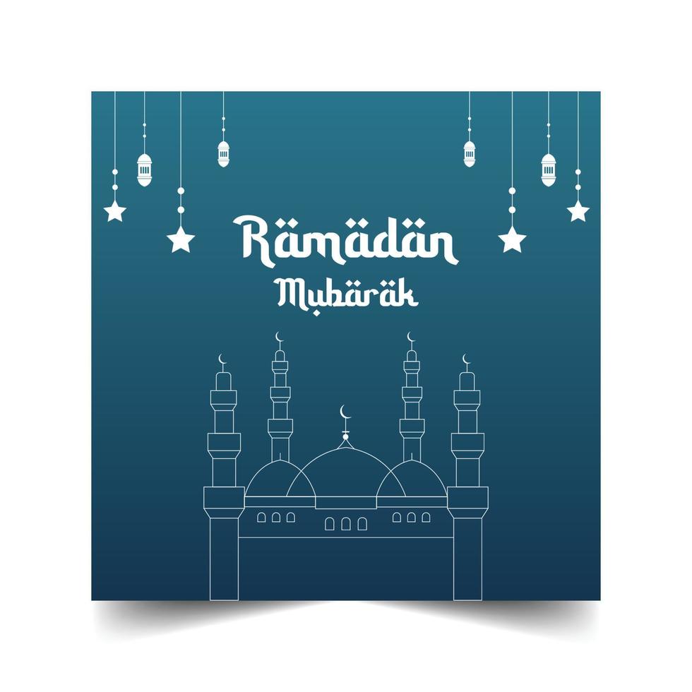 Minimal Outline Mosque In  Blue Gradient Background With Hanging Stars And Lantern. vector