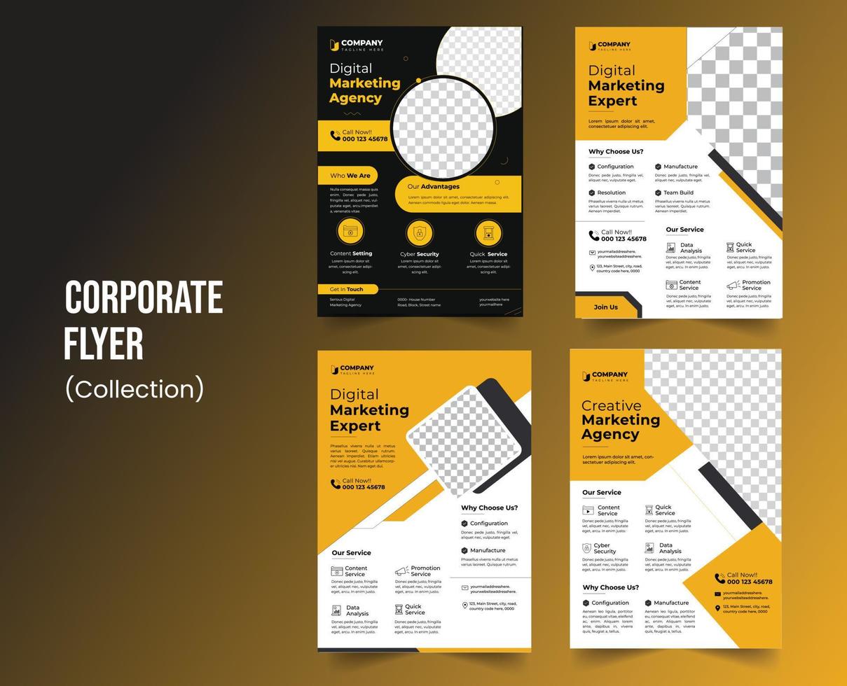 Combination Of Corporate Flyer Templates On Gradient Black And Yellow Background Containing Space For Images For Promotional Business Uses. vector