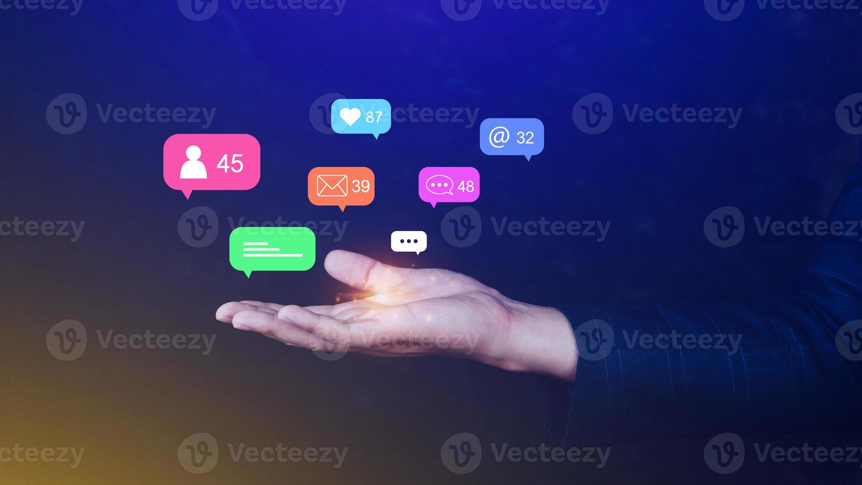 People using social media and digital online marketing concepts with icons such as notifications, messages, comments on the screen. photo