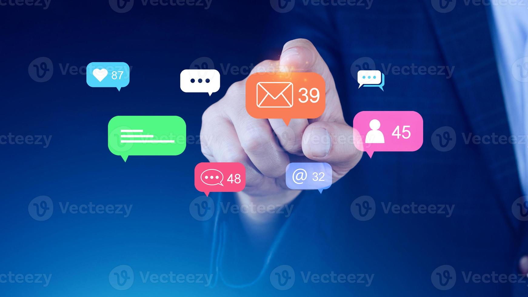 People using social media and digital online marketing concepts with icons such as notifications, messages, comments on the screen. photo