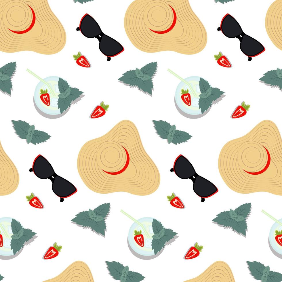 Seamless pattern with beach wide brimmed straw hat, sunglasses, strawberry and mint leaves. Flat lay vector