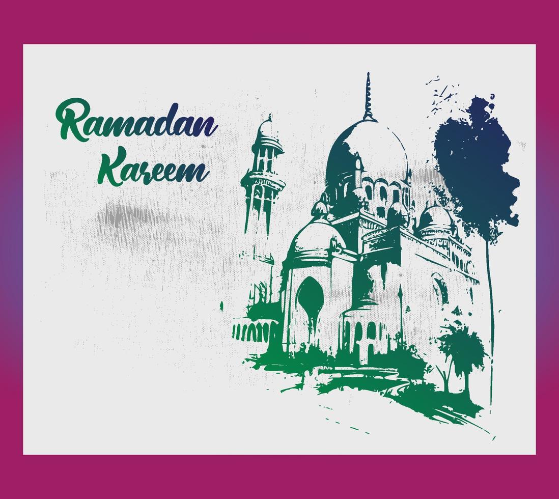 Detailed Sketch Illustration of Mosque Tower in Purple Color for Ramadan Kareem with Grunge Background and Arabic text for Every Year. Vector Illustration