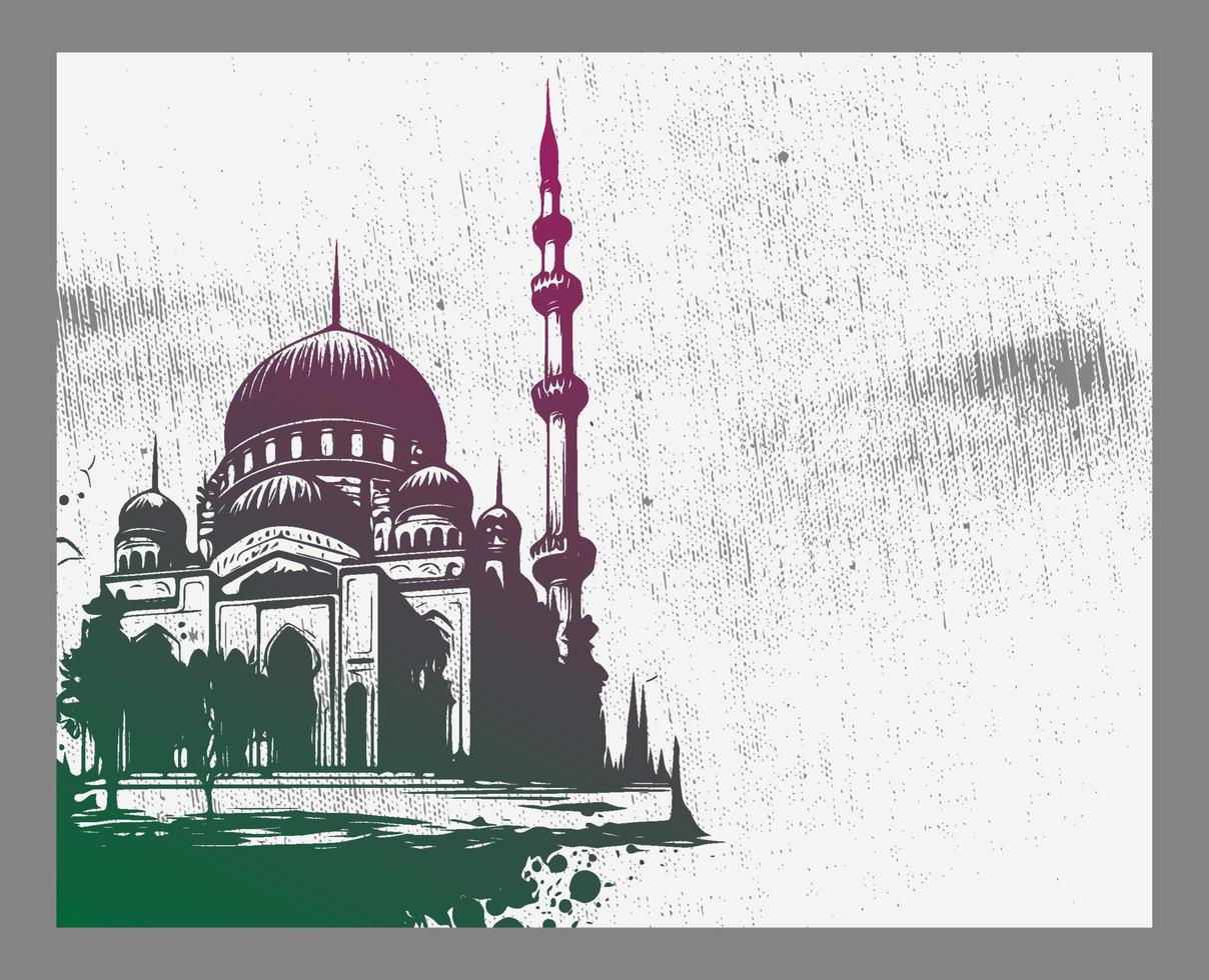 Detailed Sketch Illustration of Mosque Tower in Purple Color for Ramadan Kareem with Grunge Background and Arabic text. Vector Illustration