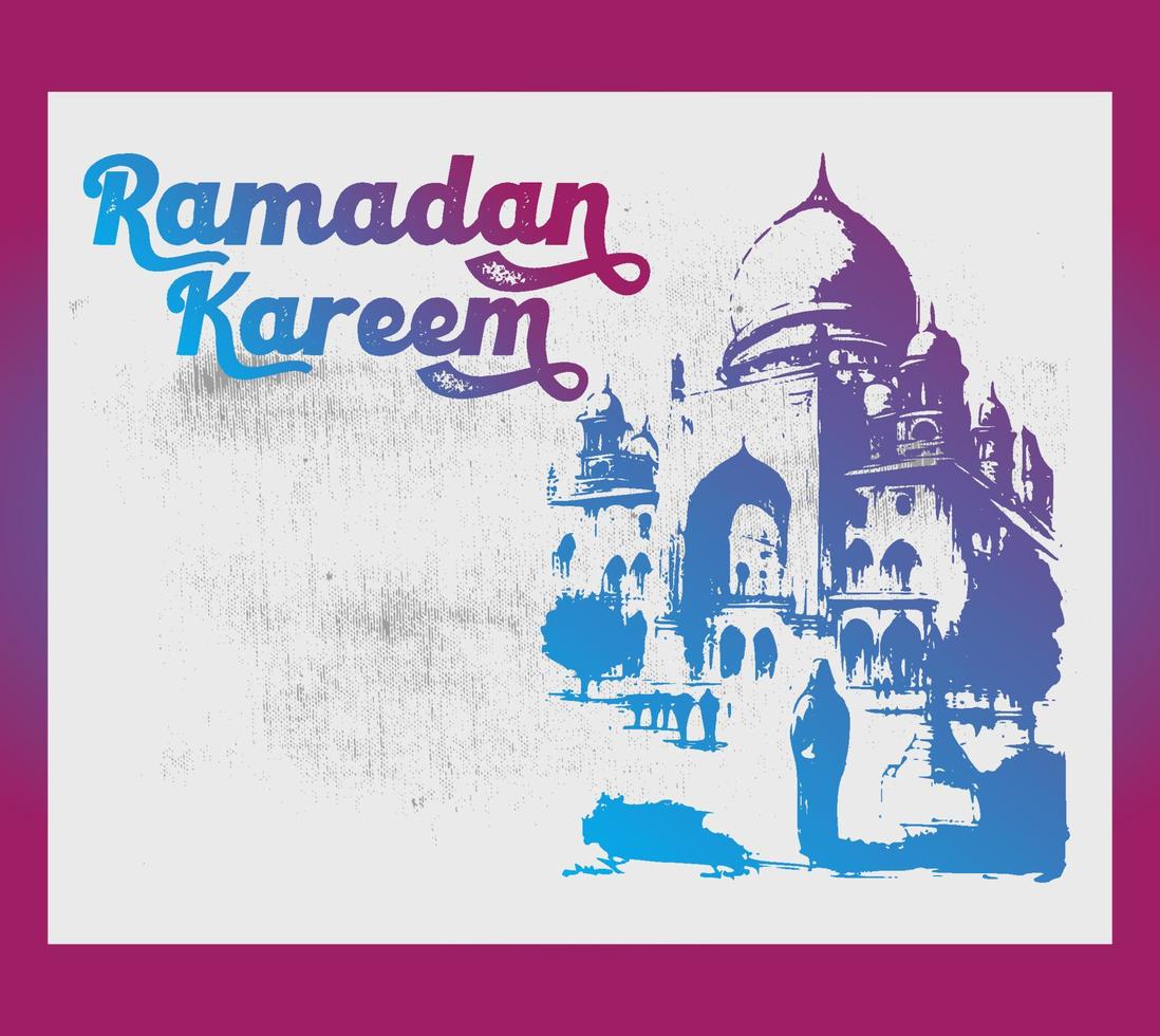Detailed Sketch Illustration of Mosque Tower in Purple Color for Ramadan Kareem with Grunge Background and Arabic text for Every Year. Vector Illustration