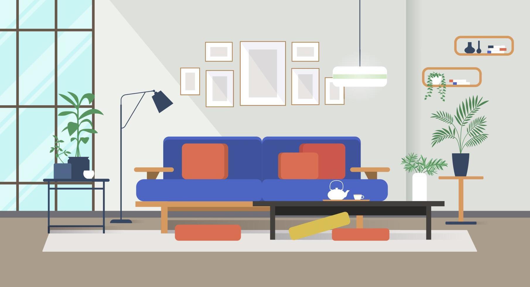 Cozy modern living room interior design with sofa, coffee table and indoor plants vector