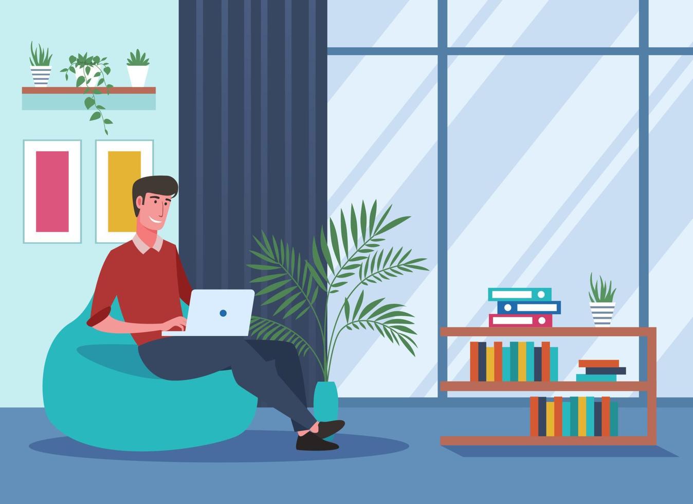 Young man working on laptop and sitting on bean bag chair at home vector