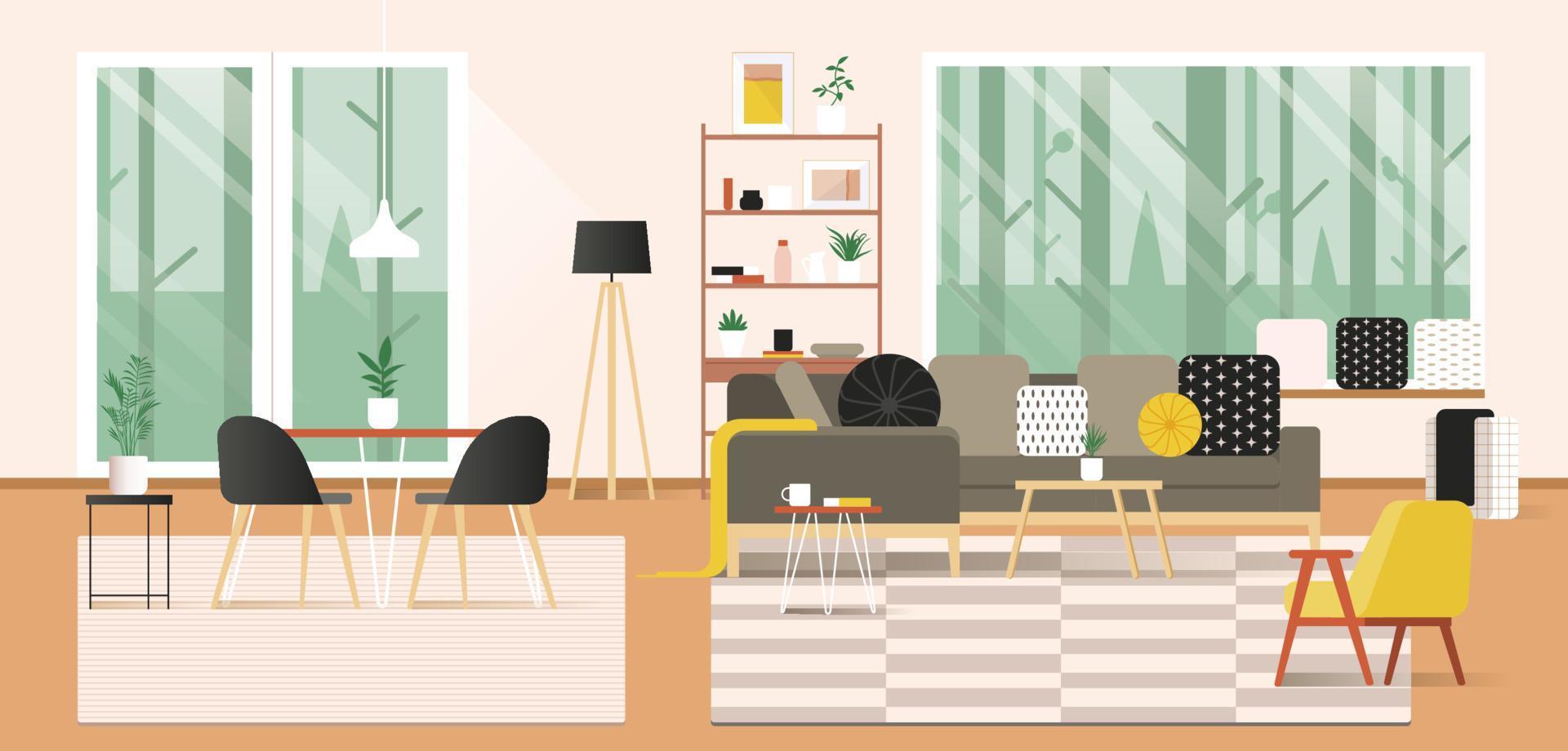 Modern home interior with comfortable sofa and large windows vector