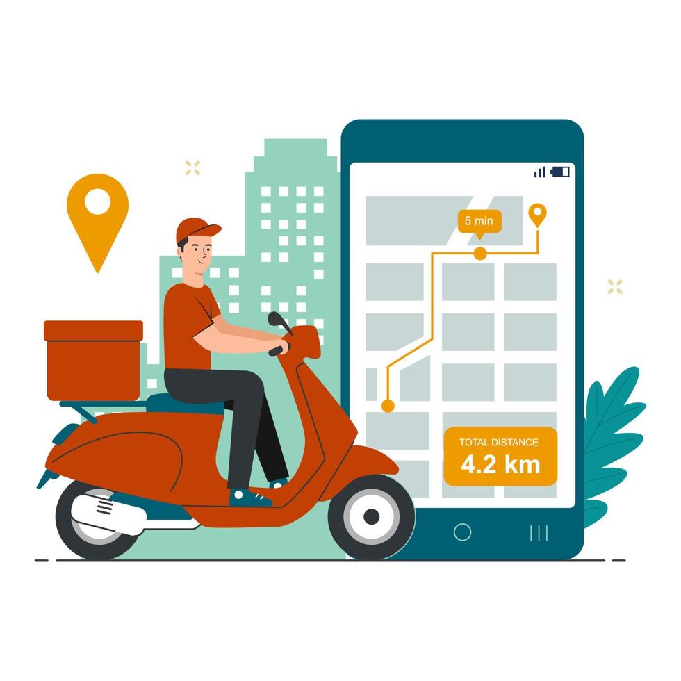 Online delivery concept. Delivery man riding motorcycle with map tracking application on smartphone vector