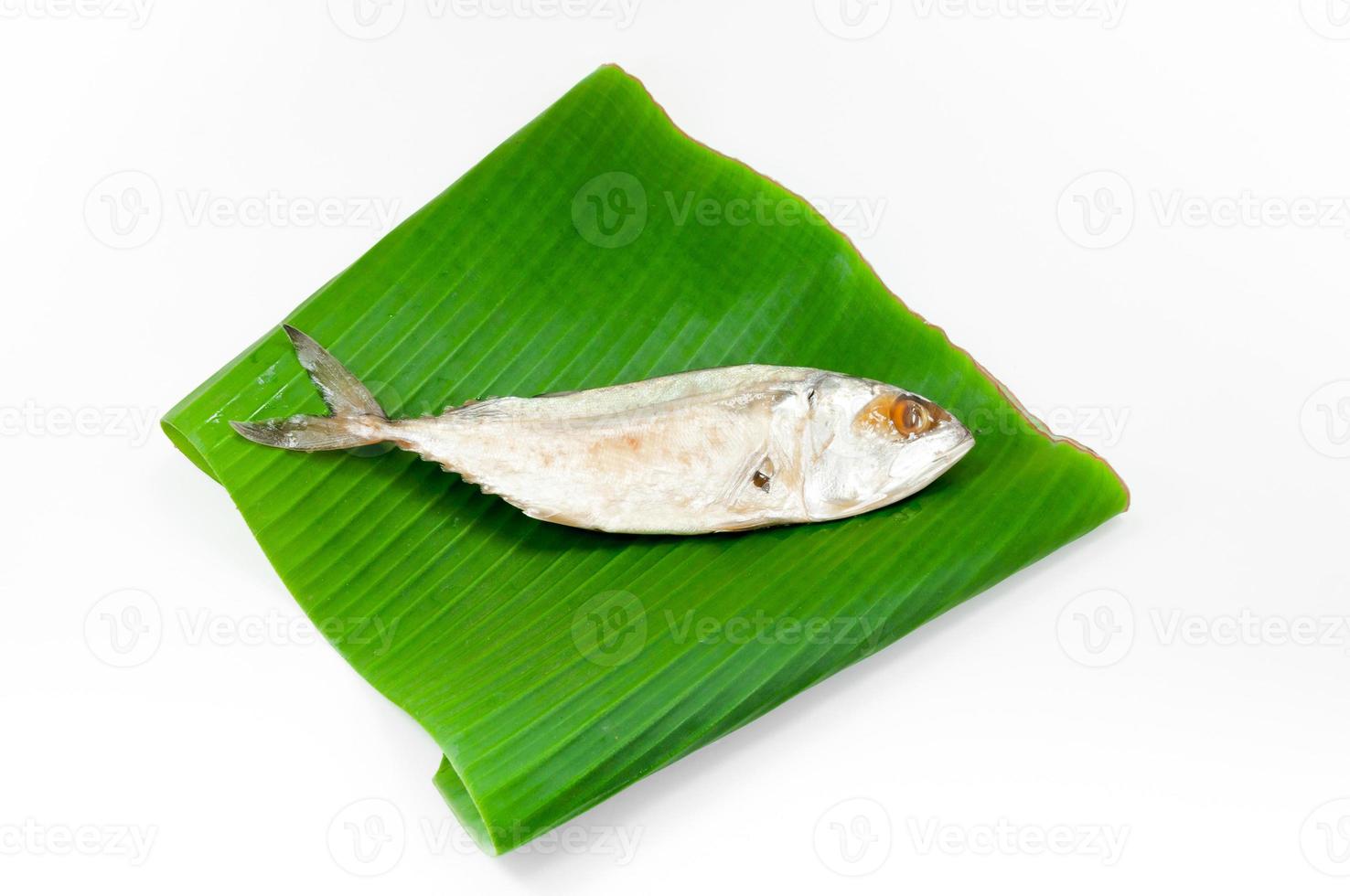 Fresh mackerel or tuna steamed fish on banana green leaf from sea on white background photo