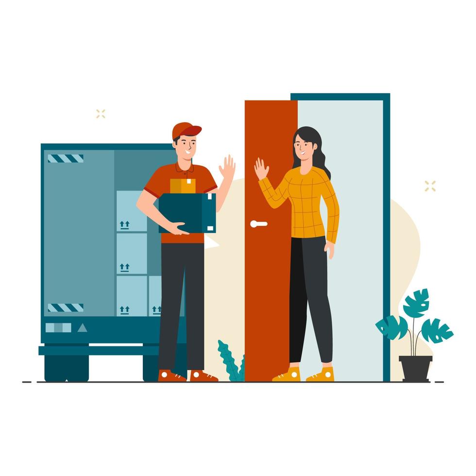 Delivery service concept. Male courier delivering packages to female customer's home vector
