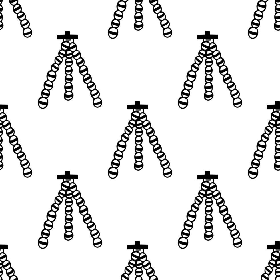 Tripod seamless vector pattern. Holder for camera, phone, LED lamp. Stand for stream, blog, video, photo, podcast. Simple outline, doodle, line art. Background for wallpaper, wrapping paper, web