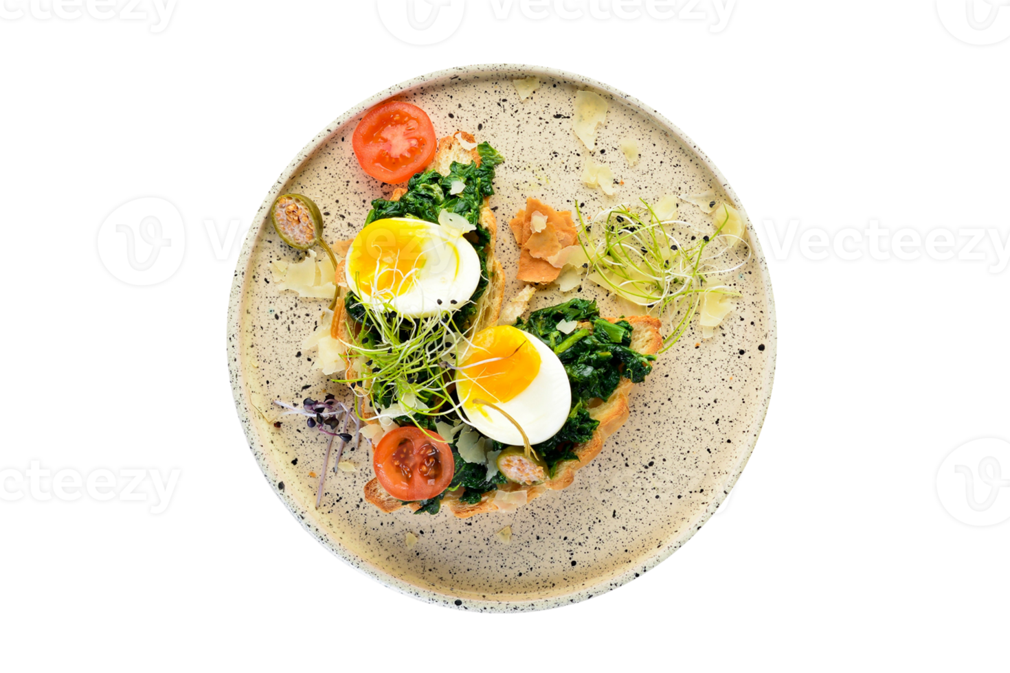 blanco plato con tostada, vegetales y hervido huevos aislado en un transparente antecedentes png