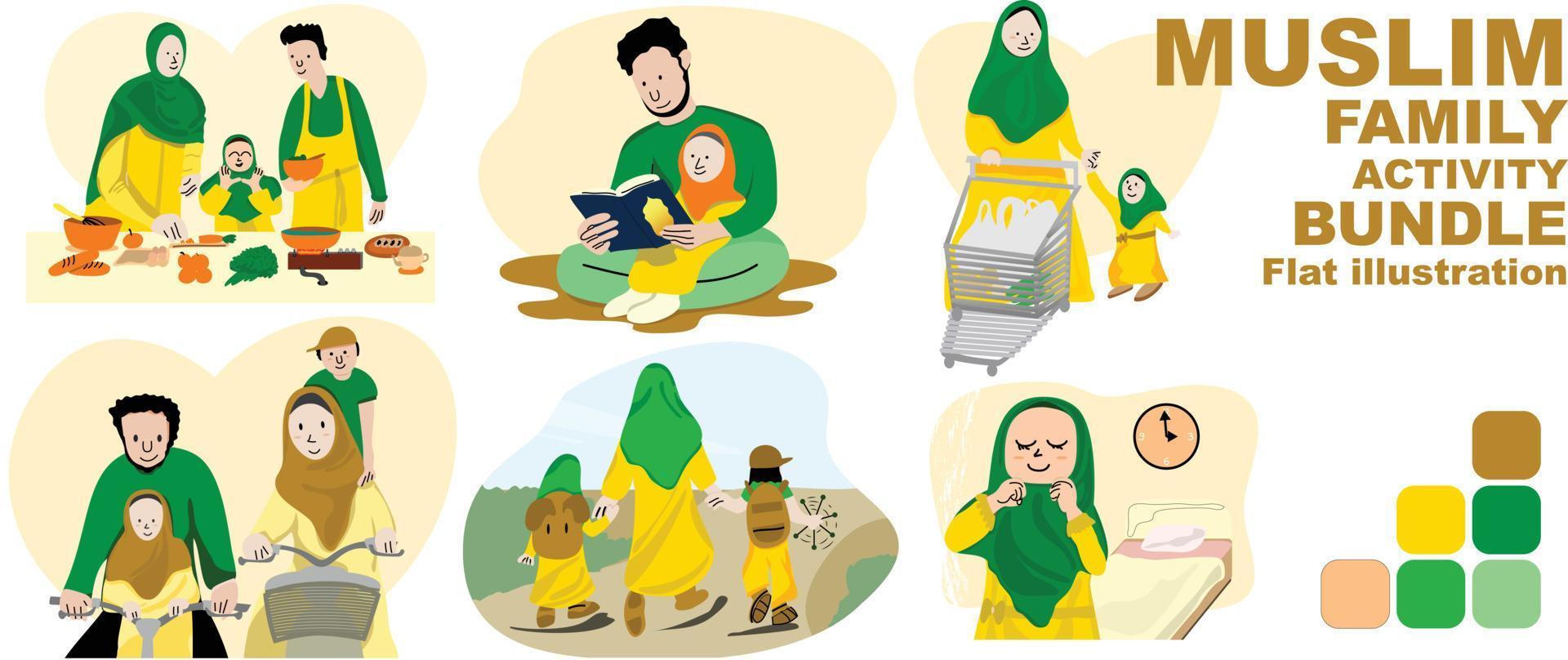 Muslim family activity bundle, Father Mother reading holy Qur'an, cooking, riding bicycle, shopping, go to school, prepare for fasting month Ramadan with good Family time. Warm green palette color vector