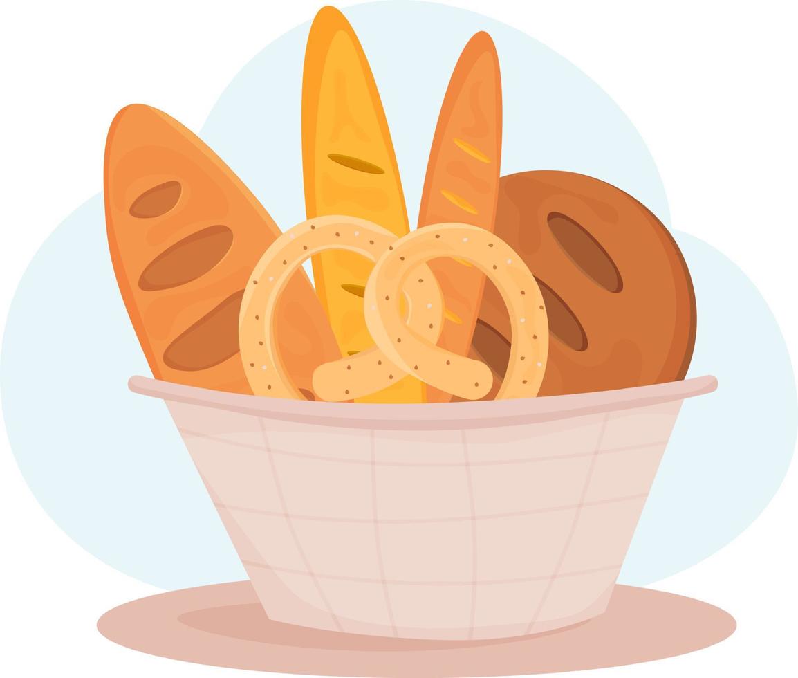 Fresh bread in the basket. Bread, buns, baguette, bagels. Bakery shop assortment.Bakery basket. Vector illustration on white background.