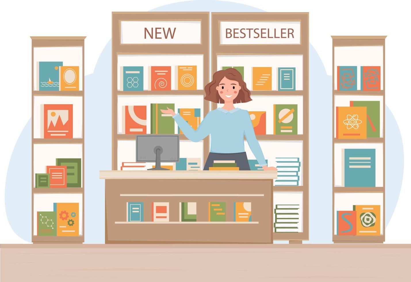 Saleswoman, shop assistant in bookstore. Seller at the counter of book shop. Bookcases with new books. Iinterior of bookstore. Vector illustration.