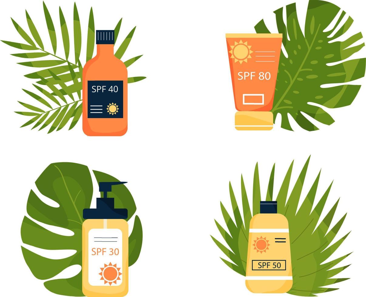 Set of sunscreens on the ground of tropical leaves. Tubes with inscription SPF 30, SPF 40, SPF50, SPF 80. Skincear, UV protection. Vector illustration in flat style