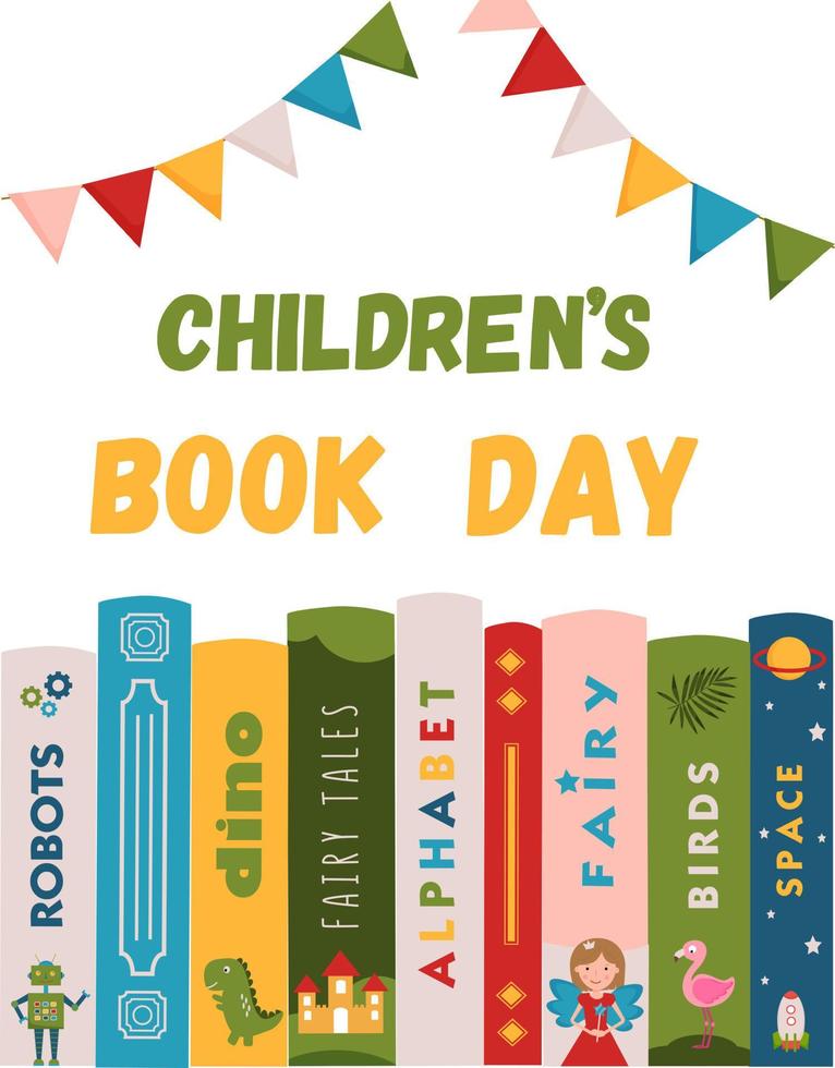 Children's book day poster for advertising. Vertical poster for kids book day with different books for children. Advertising template for bookstore,bookshop, library. vector