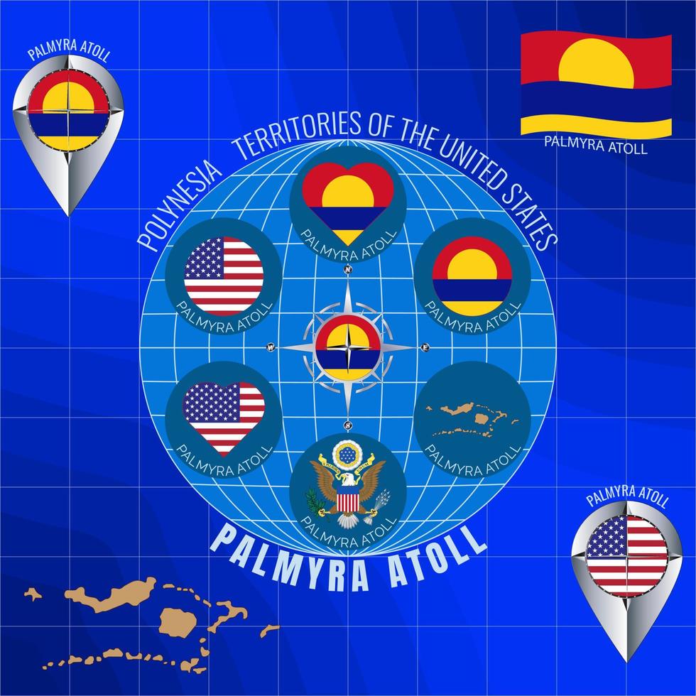 conjunto de vector ilustraciones de Palmira atolón bandera, contorno mapa, iconos nosotros territorio. viaje concepto.