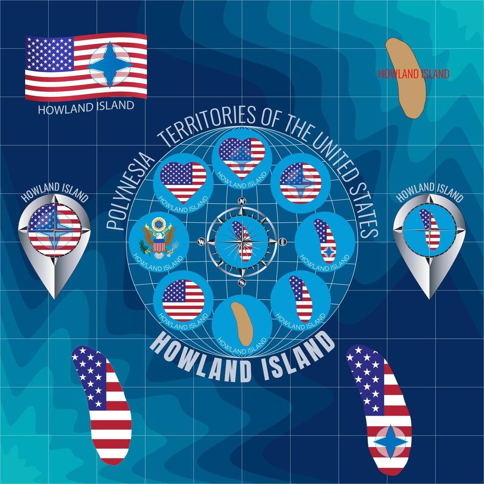 Set of vector illustrations of flag, contour map, money, icons of HOWLAND ISLAND. Territories of the United States. Travel concept.