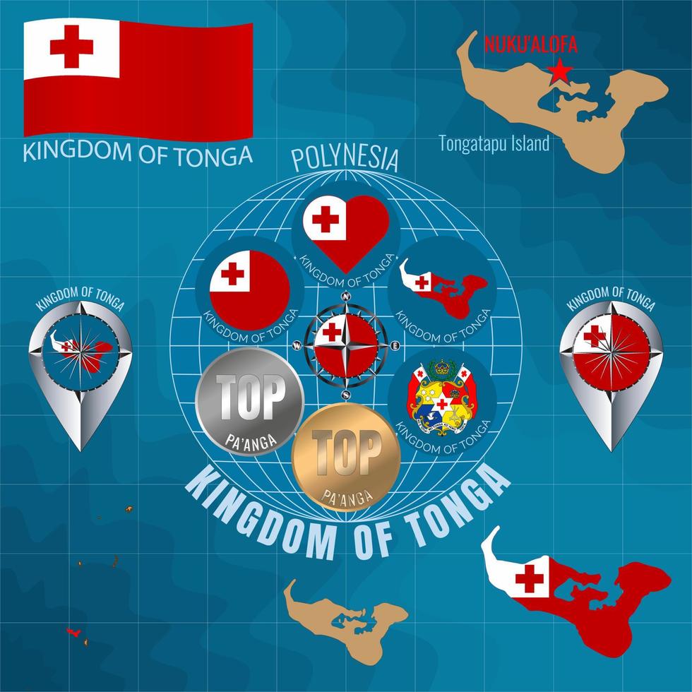 Set of vector illustrations of flag, outline map, icons of KINGDOM OF TONGA. Travel concept.