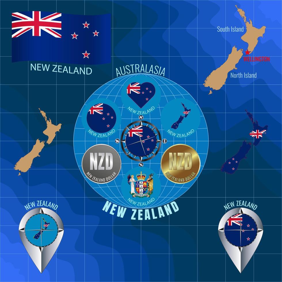 Set of vector illustrations of flag, outline map, icons of NEW ZEALAND. Travel concept.