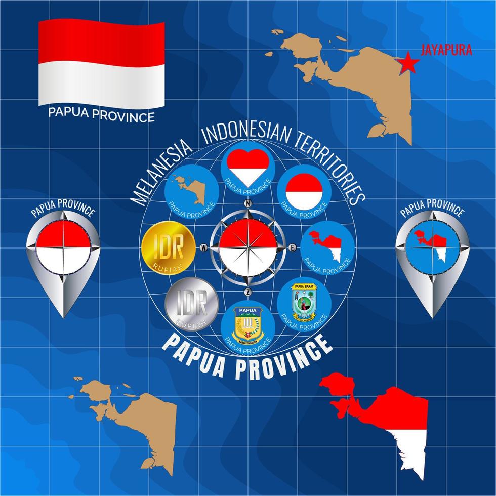 Set of vector illustrations of flag, outline map, icons of PAPUA PROVINCE. INDONESIAN TERRITORIES.  Travel concept.