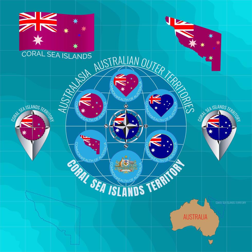 Set of vector illustrations of flag, outline map, icons CORAL SEA ISLANDS TERRITORY. AUSTRALIAN OUTER TERRITORIES. Travel concept.