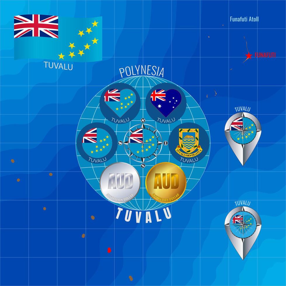 Set of vector illustrations of flag, outline map, icons of Tuvalu. Travel concept.