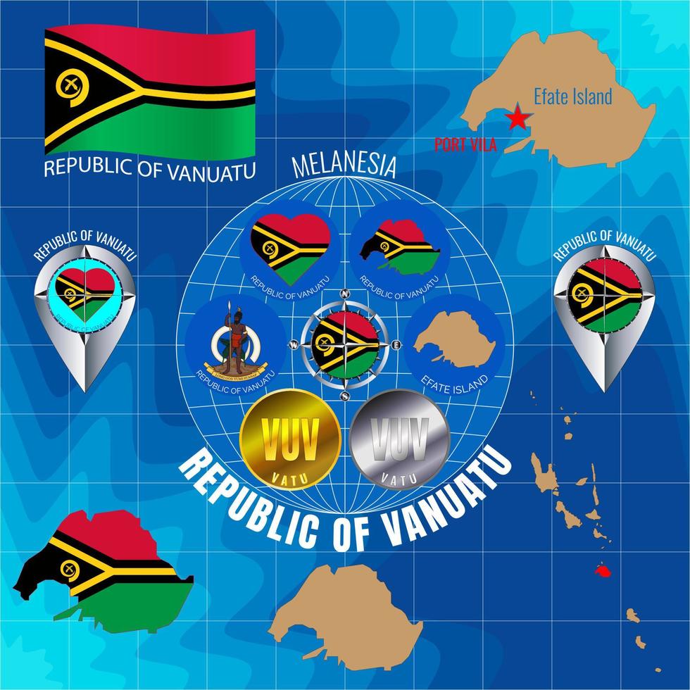 Set of vector illustrations of flag, outline map, Vanuatu icons. Travel concept.