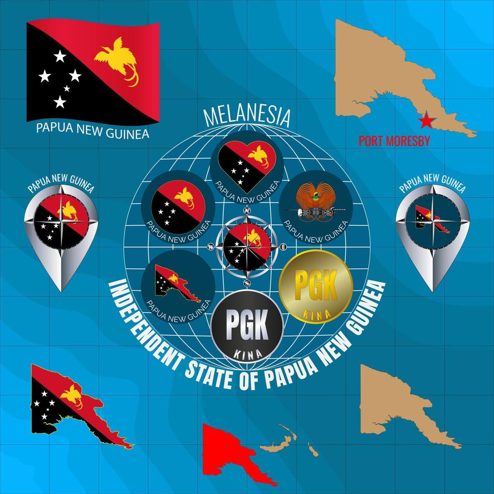 Set of vector illustrations of flag, outline map, icons of INDEPENDENT STATE OF PAPUA NEW GUINEA. Travel concept.