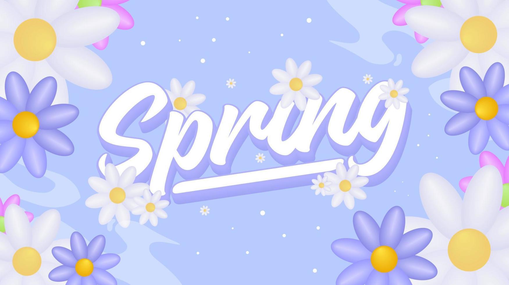 Spring lettering with flowers on blue background. Vector Illustration.