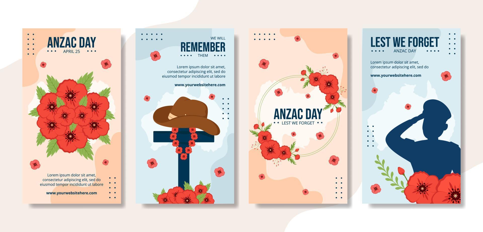 anzac día de para que no nosotros olvidar social medios de comunicación cuentos dibujos animados mano dibujado plantillas ilustración vector