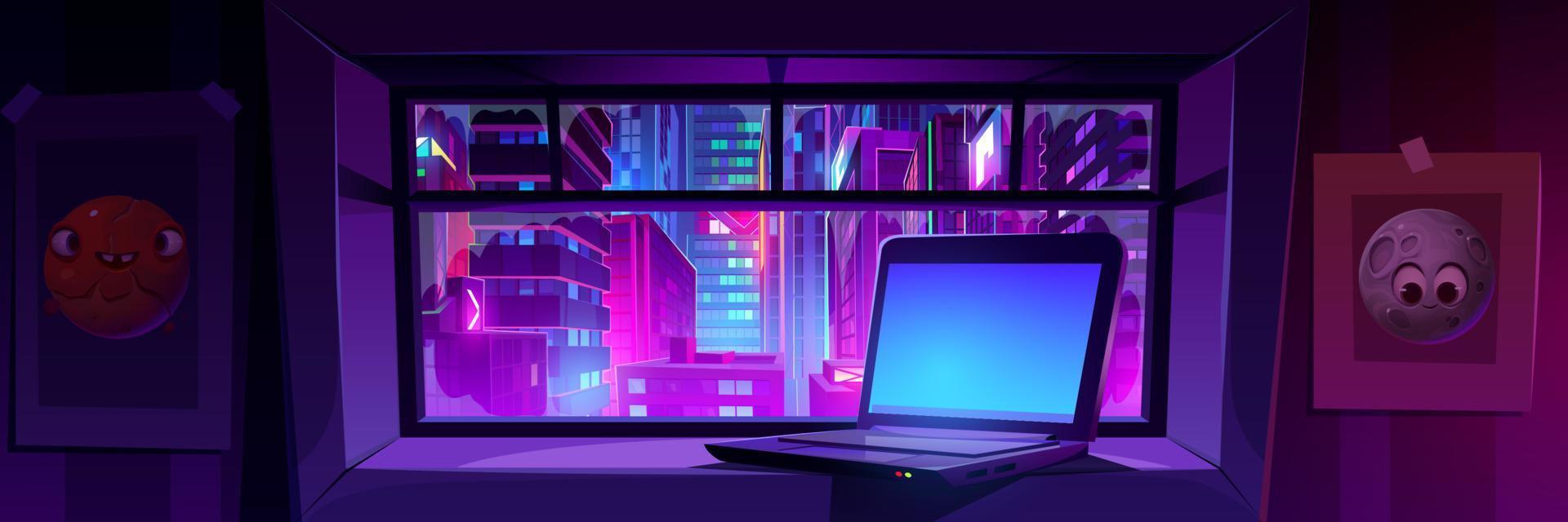 Laptop on window with night city view vector